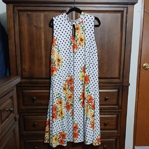 Cato Black and White Polka Dot Maxi Dress with Orange Floral Design